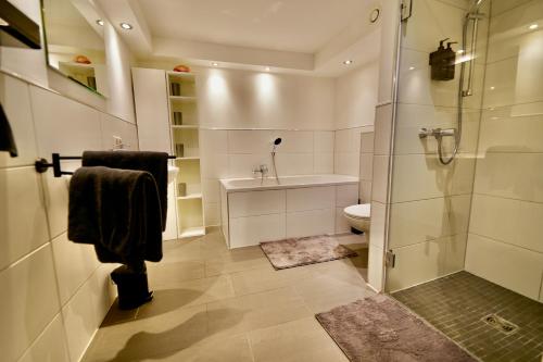 a bathroom with a shower and a sink and a toilet at Maisonette-Loft in Nähe zum Dom in Cologne