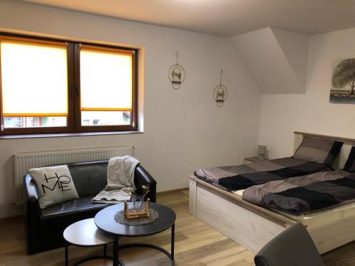 a bedroom with a bed and a couch and a table at Ikon in Miercurea-Ciuc