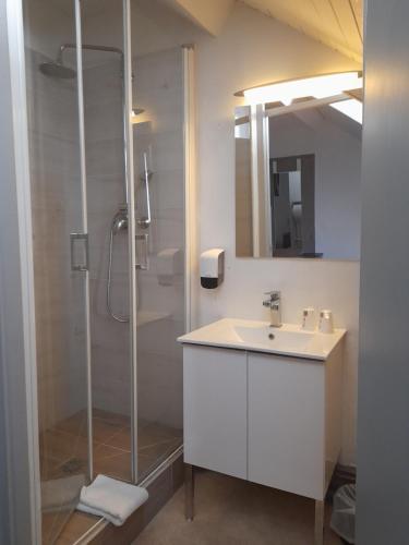 une salle de bain avec un lavabo et une douche dans l'établissement Hôtel du Centre, à Villard-de-Lans