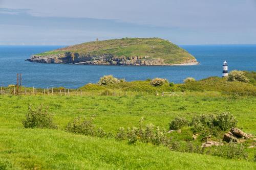 a lighthouse on an island in the ocean with a green field at Pentir in Penmon