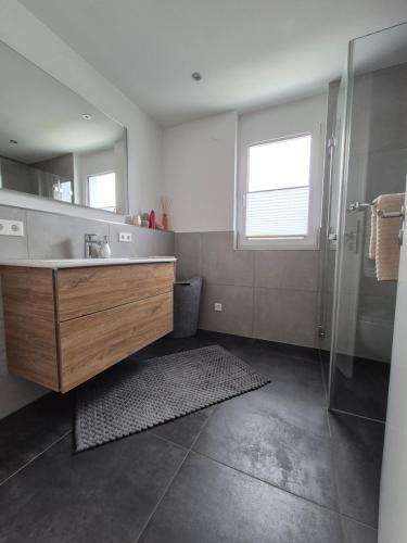 a bathroom with a sink and a shower at FeWo Bodensee Base in Rielasingen-Worblingen