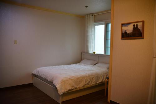 a bedroom with a bed and a window at Jennyville Pension in Seogwipo