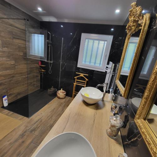 une salle de bain avec un lavabo et un miroir dans l'établissement Luxueuse villa en cévennes, à Monteils