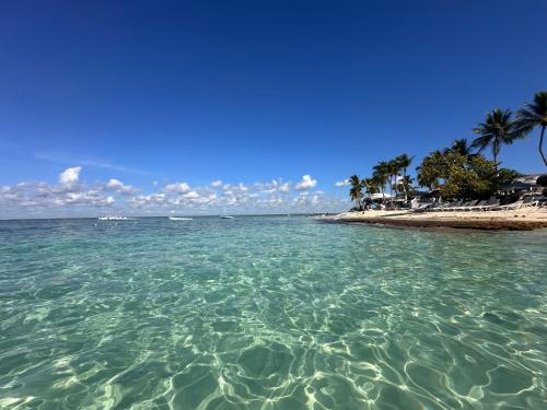 a beach with turquoise water and palm trees at D&L Apartment in Bayahibe