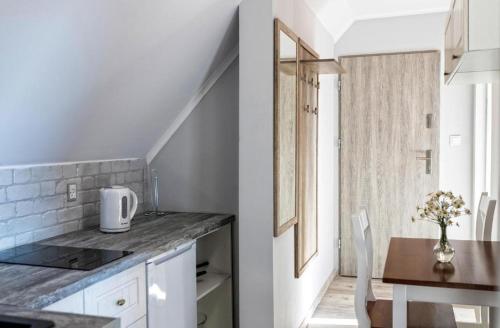 スヴァネケにあるBornholm Apartmentsのキッチン(カウンタートップ、テーブル、窓付)