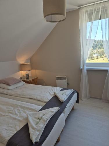 a bedroom with two beds and a large window at Villove Domy Spa in Rajcza