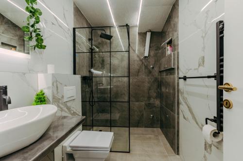 a bathroom with a shower and a toilet and a sink at Panorama Villa House Sarajevo- Jacuzzi, Bazen & Pogled na Grad 2 in Petruše