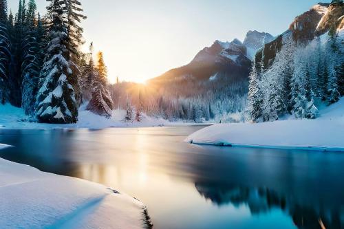 a river in a snowy forest with the sun setting at Suite 1400 in Marilleva
