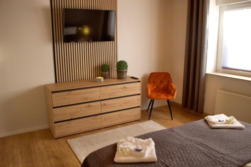 ein Schlafzimmer mit einer Kommode, einem TV und einem Bett in der Unterkunft Ferienhaus Landruhe in Kirchdorf