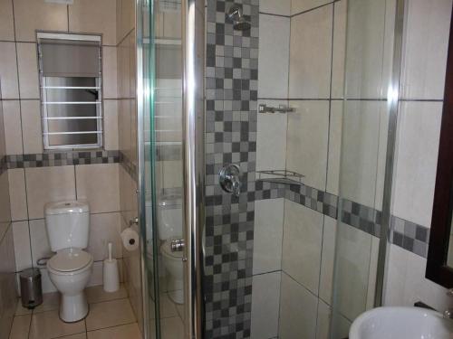 a bathroom with a toilet and a glass shower at #17 Illovo Views in Kingsburgh