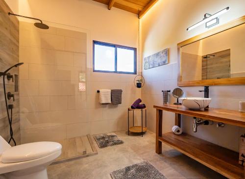 a bathroom with a toilet and a shower and a sink at Hotel Casa Buenavista - Adults only in Sámara