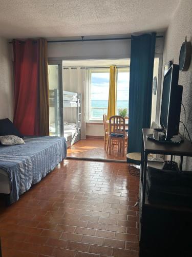 une chambre avec un lit et une vue sur l'océan dans l'établissement Appartement de vacances - Splendide vue sur mer, Parking privé, au Barcarès