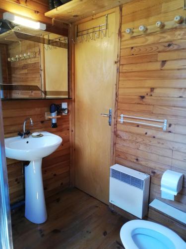 une salle de bain avec un lavabo et des toilettes dans l'établissement La Cabane d'Oza, à Saint-Pierre-dels-Forcats