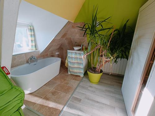 a bathroom with a bath tub and potted plants at Sauna dans Maison de maître proche Etretat -étage2 in Rolleville