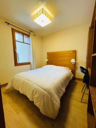 une chambre avec un grand lit et une fenêtre dans l'établissement Appartements avec PISCINE INTÉRIEURE SAUNA Parking Étage 1 au Centre du Village dans Résidence Cami Réal, à Saint-Lary-Soulan