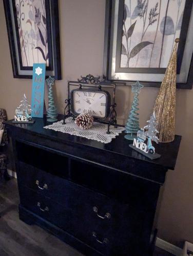 a black dresser with a tv on top of it at Suite in the Bush-Private Apartment in Bancroft