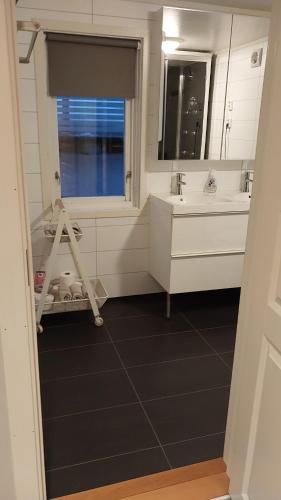 a bathroom with two sinks and a window and a ladder at Lyngen Apartments in Lyngseidet