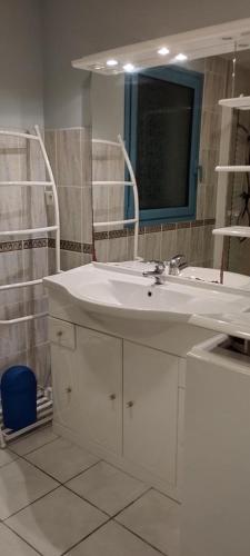 une salle de bain avec un lavabo blanc et un miroir dans l'établissement Le petit poucet, à Biscarrosse