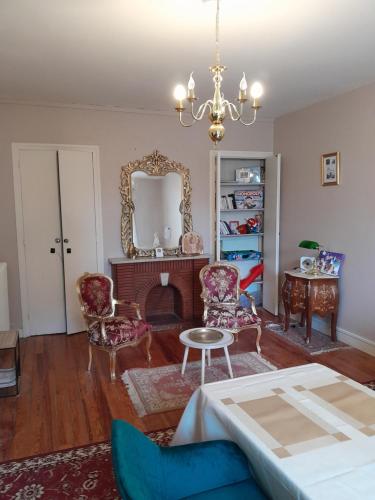 un salon avec une cheminée et un miroir dans l'établissement VUE DE REVE chambre dans APPARTEMENT DE STANDING - vous faites le ménage-Very good prices but you have to cle-an th-e flat, à Lourdes