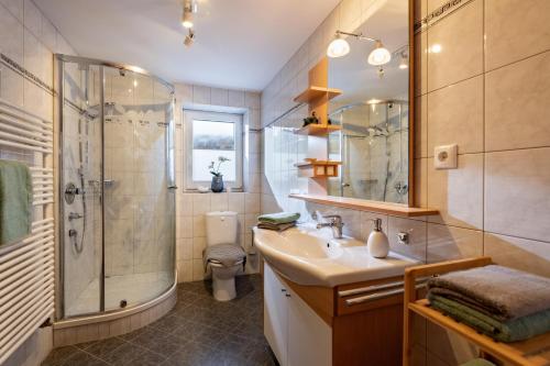 a bathroom with a sink and a shower and a toilet at Appartement Maria Theresia in Hopfgarten im Brixental