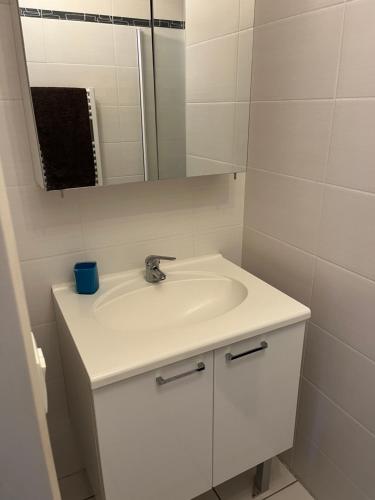 a white bathroom with a sink and a mirror at Villa le jasmin très calme in Andrézieux-Bouthéon