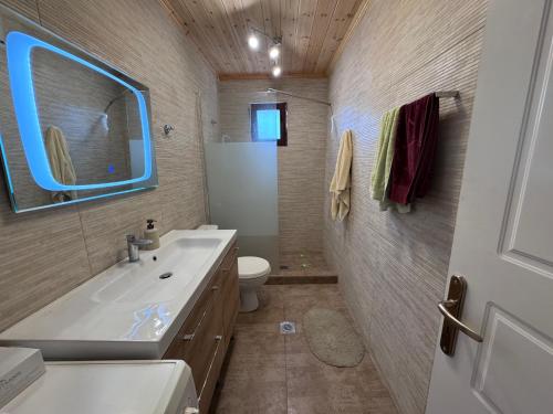 Un baño con lavabo, inodoro y espejo. en Traditional stone house - Dimitsana, en Dhimitsana