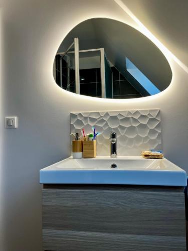 une salle de bain avec un lavabo et un miroir dans l'établissement Charmant Duplex entre Terre et Mer proche Plage avec Balcon, à Cabourg
