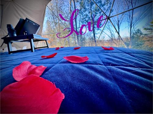 a blue bed with red petals on it with a piano at La générale Sherman, Expérience hébergement le luxe sauvage avec vue et jacuzzi in Saint-Alexis-des-Monts