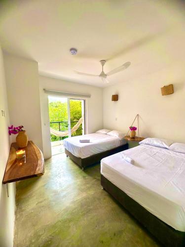 a bedroom with two beds and a window at Tayrona Angel Lodge in El Zaino