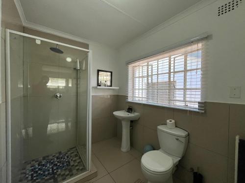 a bathroom with a shower and a toilet and a sink at A cozy cottage in Bryanston in Sandton
