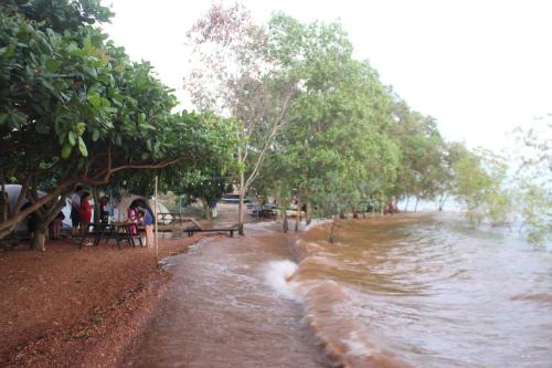 a flooded street with trees and water at BOHO Glamping - CẮM TRẠI HỒ TRỊ AN in Ấp Phú Cát
