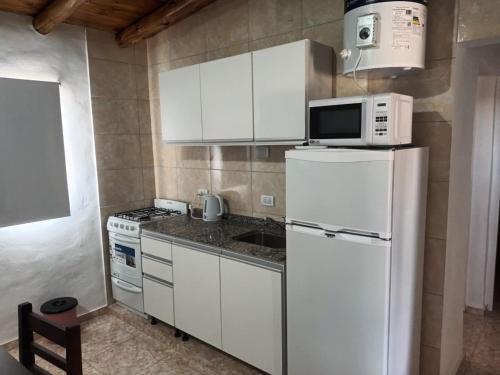 a kitchen with a white refrigerator and a microwave at Cabañas Jugueze San Rafael in San Rafael