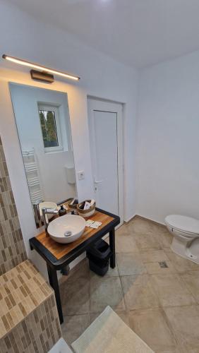 a bathroom with a table and a toilet and a sink at DreamPlace Airport & Therme 2 in Otopeni