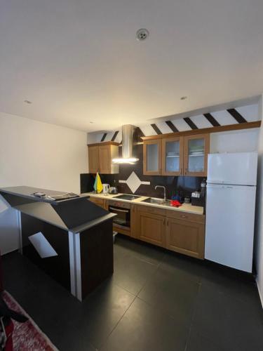 La cuisine est équipée d'un réfrigérateur blanc et de placards en bois. dans l'établissement Appartements Charles De Gaulle, à Goussainville