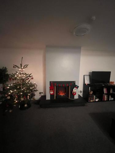 a living room with a christmas tree and a fireplace at Boyds Entry flat Old town in Edinburgh