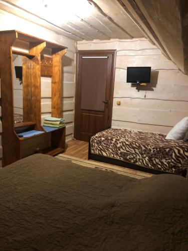 a bedroom with two beds and a television in it at Біля комори in Pilipets