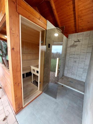 a bathroom with a shower and a walk in shower at Rozália Vendégház in Pázmánd