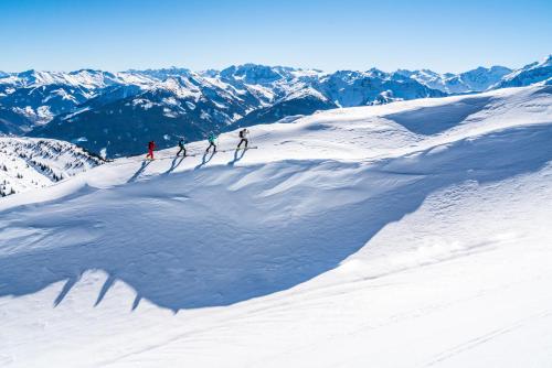 a group of three people skiing down a snow covered mountain at House of Hütter - Wachtelhof & SPA in Maria Alm am Steinernen Meer