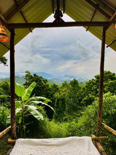 a room with a view of a forest at La Mona Eco Cabins in Palomino