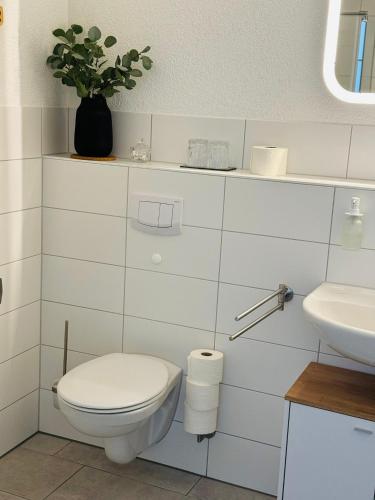 a white bathroom with a toilet and a sink at Haus am Wasserturm Gästezimmer in Schorndorf-Schlichten in Schorndorf