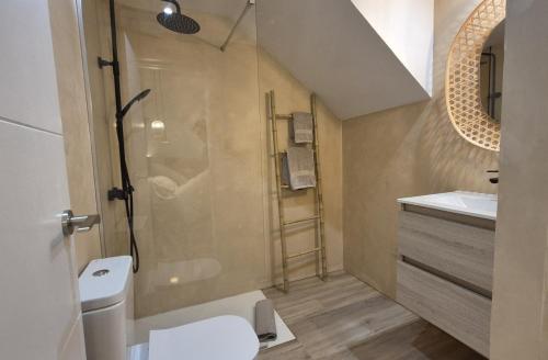 a bathroom with a shower and a toilet and a sink at 5 Dragos Suites in La Orotava
