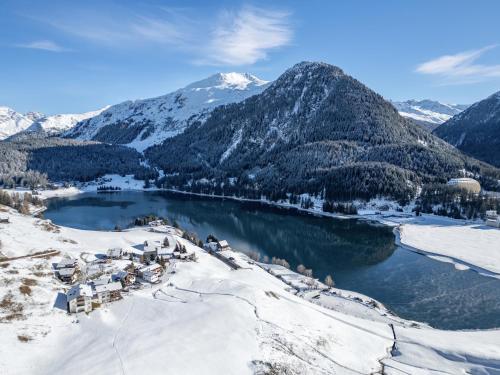 an aerial view of a lake in the snow at A&Y Wellness Chalet Didi in Davos