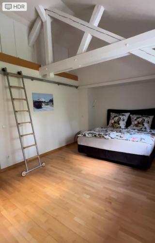 a room with a bed and a ladder in it at Klimaanlage, 5 Sterne Villa Bahnhoftraum, plus NEU zubuchbares Event, 333 qm, 1200qm Garten, virtueller Rundgang, Dachterrasse, Whirlpoolbadewanne in Braunfels