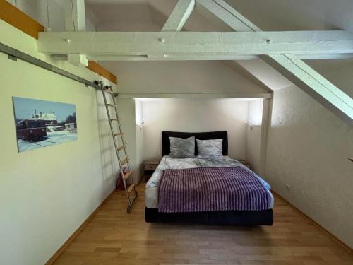 a bedroom with a bed in an attic with a ladder at Klimaanlage, 5 Sterne Villa Bahnhoftraum, plus NEU zubuchbares Event, 333 qm, 1200qm Garten, virtueller Rundgang, Dachterrasse, Whirlpoolbadewanne in Braunfels
