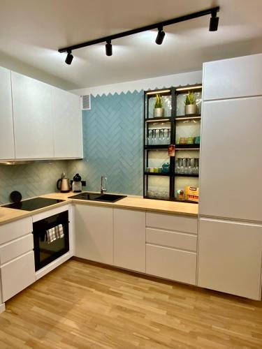 a kitchen with white cabinets and a counter top at Alėjos Apartmentai Comfort in Druskininkai
