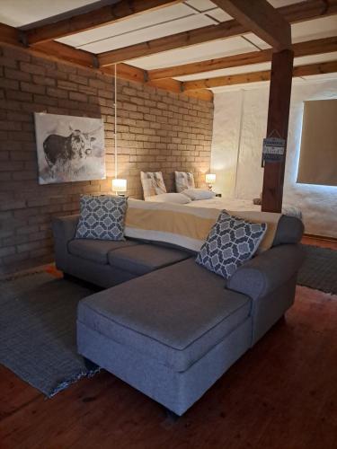 ein Schlafzimmer mit einem Bett, einem Sofa und einem Bett in der Unterkunft Mount Gerizim Farm in Louisvale