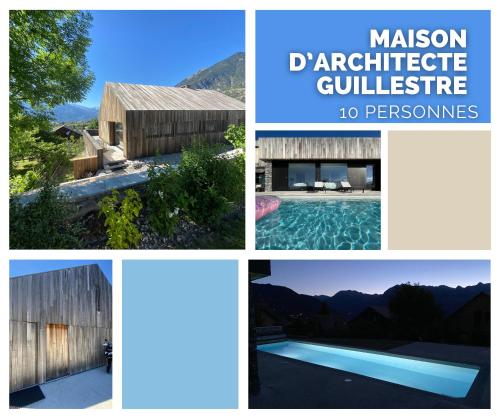 a collage of pictures of houses and a swimming pool at Élégant chalet contemporain - sauna - piscine -10p in Guillestre