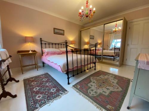 a bedroom with a bed and a mirror at Croagh Patrick Lodge Apartment in Westport