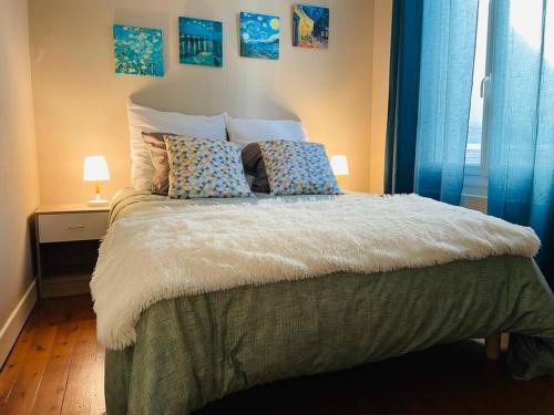 une chambre avec un lit avec des oreillers dessus dans l'établissement Chez Delphine et Sébastien, à Romorantin-Lanthenay