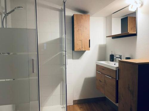 une salle de bain avec une douche en verre et un lavabo dans l'établissement Chez Delphine et Sébastien, à Romorantin-Lanthenay